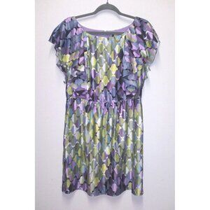 Geometric print Dress Julian Taylor flutter sleeve elastic waist ruffle FLAW